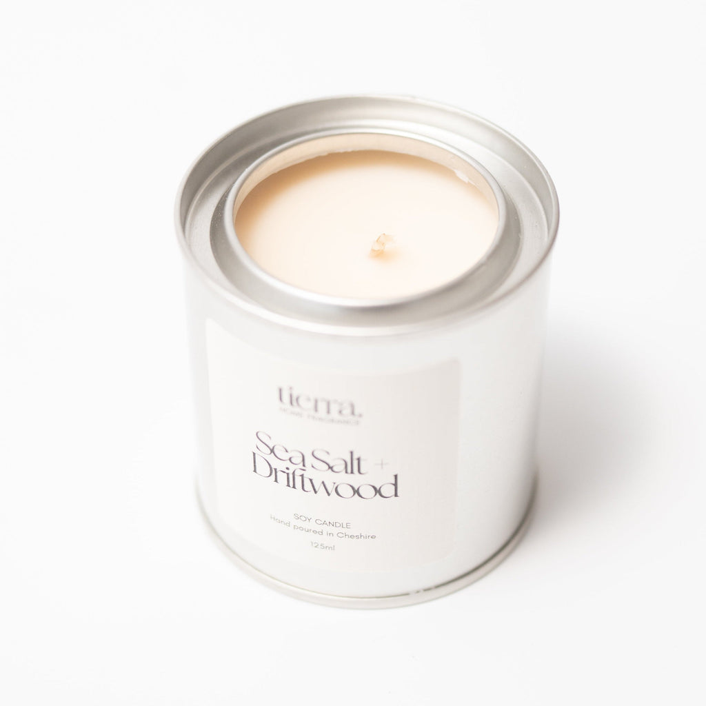 Sea Salt + Driftwood mini soy candle with white label and silver tin