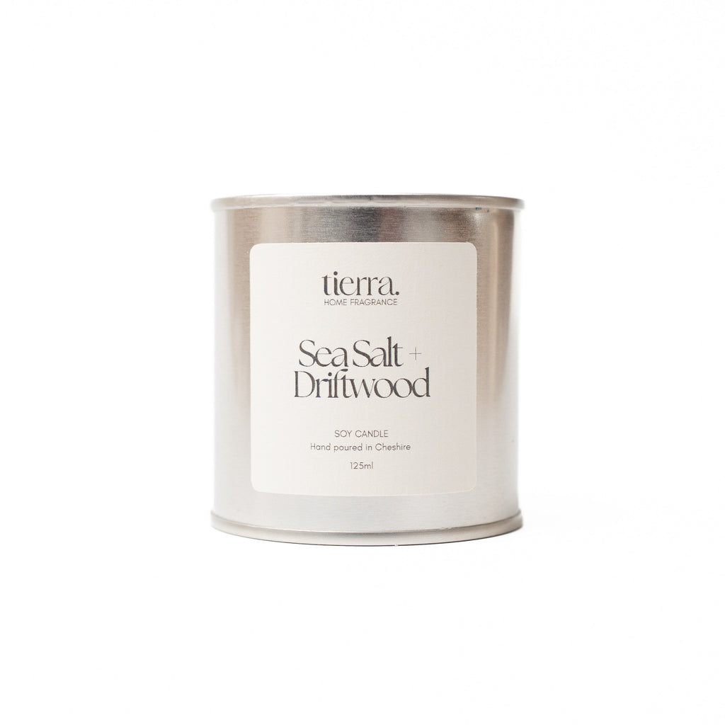 Sea Salt + Driftwood mini soy candle with white label + silver tin