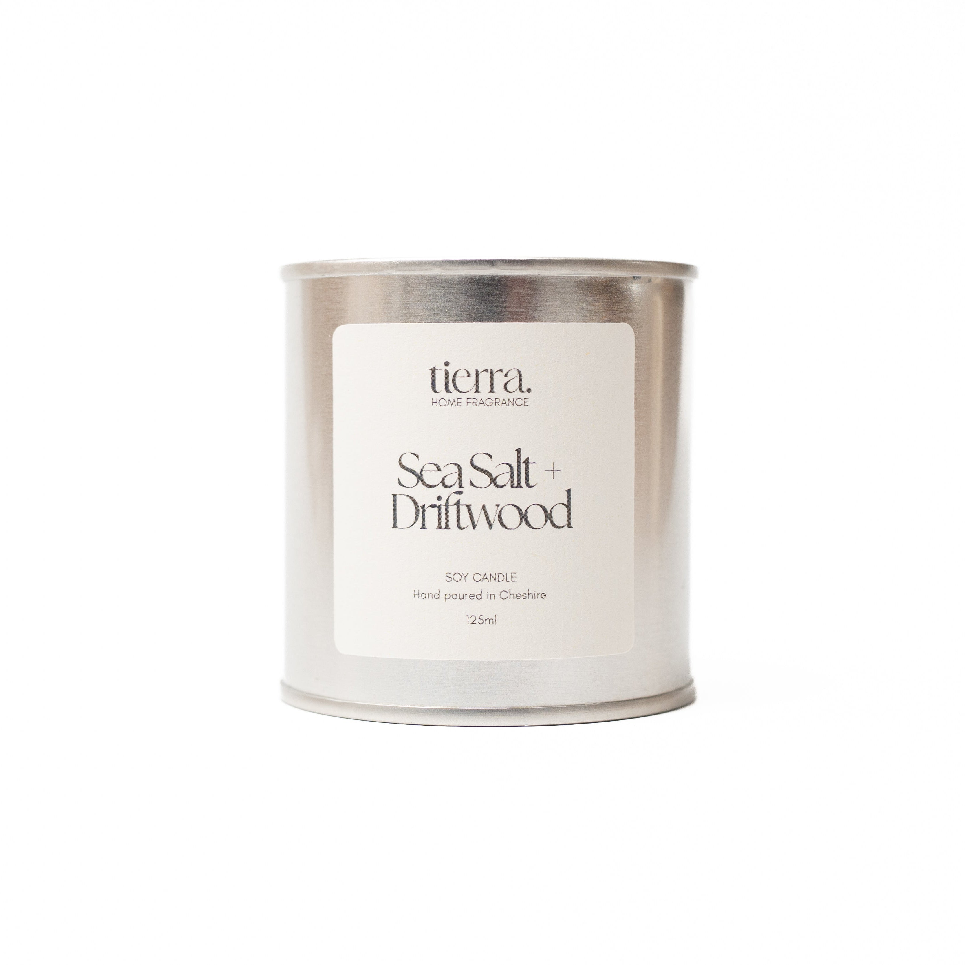 Sea Salt + Driftwood mini soy candle with white label + silver tin